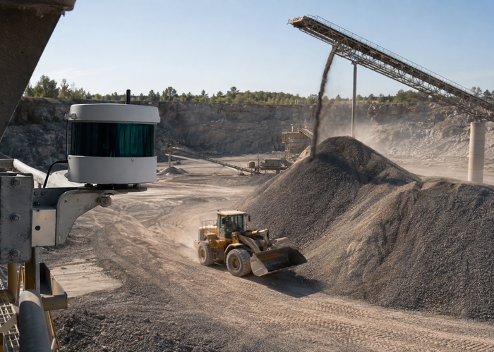 fixed LiDAR scanner monitoring a quarry surge pile beside conveyors and haul trucks validation scene 2