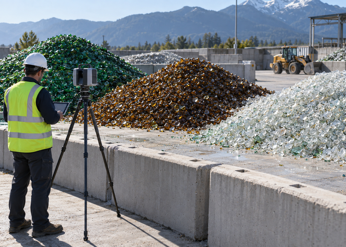 recycling-yard crew using a physical tripod LiDAR scanner and drone to measure separated piles of recycled glass cullet beside safe loader lanes in a realistic LiDAR application scene