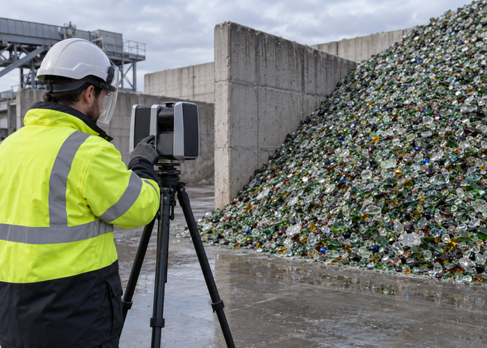 recycling-yard crew using a physical tripod LiDAR scanner and drone to measure separated piles of recycled glass cullet beside safe loader lanes validation scene 2