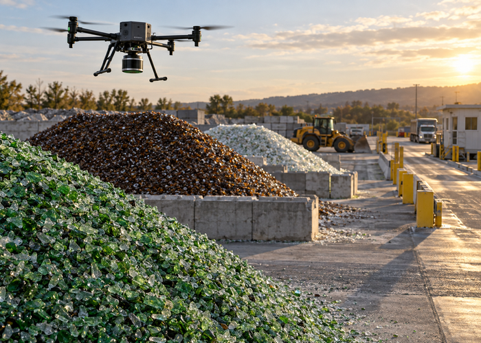 recycling-yard crew using a physical tripod LiDAR scanner and drone to measure separated piles of recycled glass cullet beside safe loader lanes validation scene 3