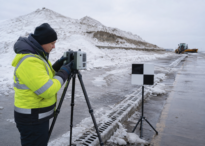 LiDAR survey system measuring large airport snow piles in a designated disposal area validation scene 2