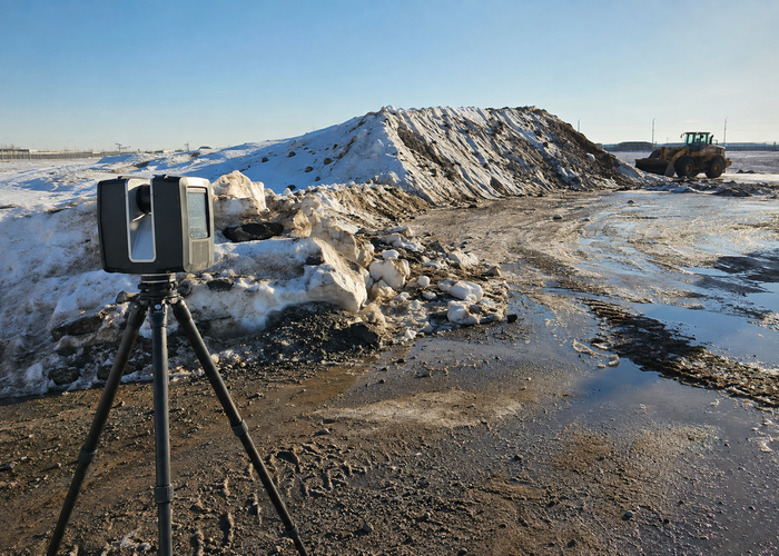 LiDAR survey system measuring large airport snow piles in a designated disposal area validation scene 3