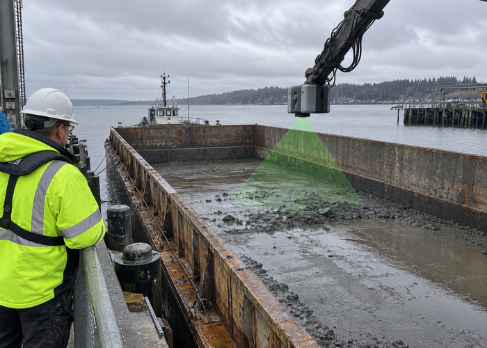 real dredging work barge with uneven wet sediment load scanned by a physical unbranded LiDAR from a safe dockside mount validation scene 3