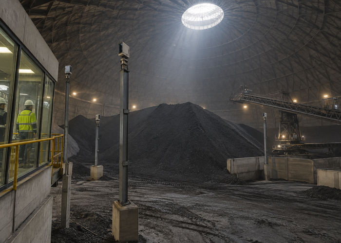 real enclosed petroleum-coke storage dome with dark bulk material, fixed unbranded LiDAR scanners, an inactive reclaim zone and technicians observing from a protected control area in a realistic LiDAR application scene
