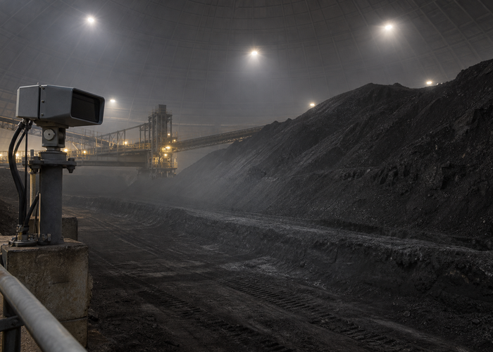 real enclosed petroleum-coke storage dome with dark bulk material, fixed unbranded LiDAR scanners, an inactive reclaim zone and technicians observing from a protected control area validation scene 2