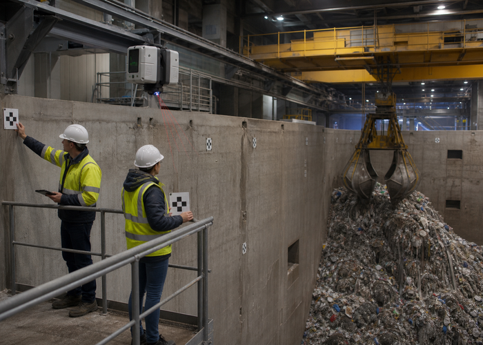 overhead LiDAR scanner measuring an active waste-transfer bunker with a crane validation scene 3