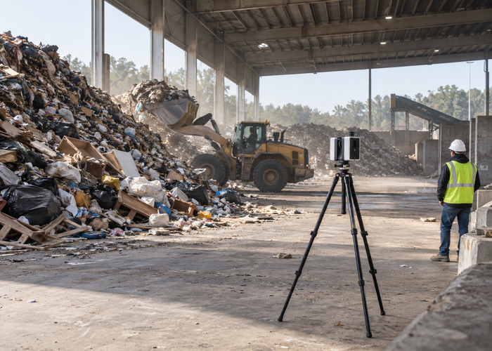 real municipal waste transfer station tipping floor with mixed material piles, a loader and a safely mounted unbranded physical LiDAR scanner in a realistic LiDAR application scene