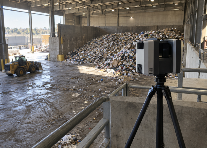 real municipal waste transfer station tipping floor with mixed material piles, a loader and a safely mounted unbranded physical LiDAR scanner validation scene 2
