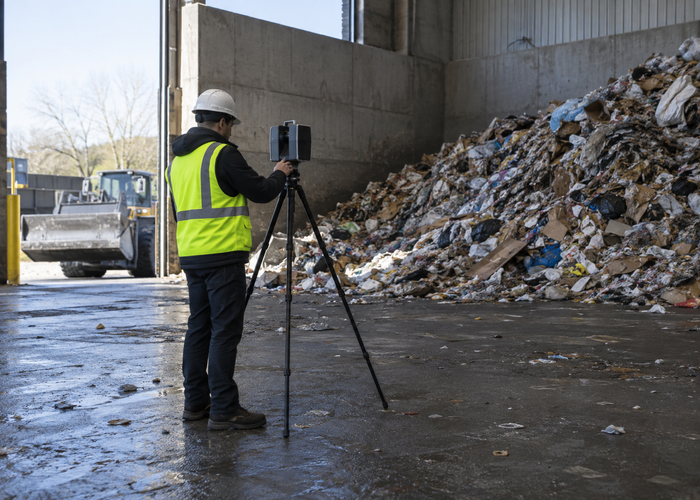 real municipal waste transfer station tipping floor with mixed material piles, a loader and a safely mounted unbranded physical LiDAR scanner validation scene 3