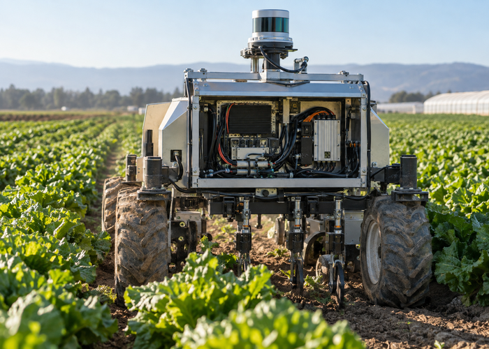 real agricultural weeding robot with physical LiDAR and an accessible rugged Jetson carrier-board computer working between crop rows in a realistic LiDAR application scene