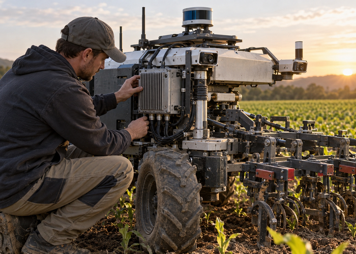 real agricultural weeding robot with physical LiDAR and an accessible rugged Jetson carrier-board computer working between crop rows validation scene 2