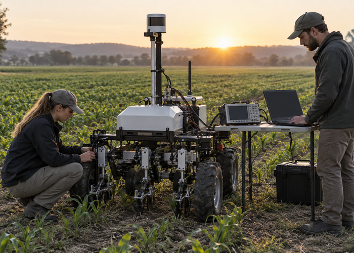 real agricultural weeding robot with physical LiDAR and an accessible rugged Jetson carrier-board computer working between crop rows validation scene 3