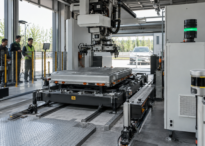 real unbranded automated electric-vehicle battery-swap station engineering bay with a physical embedded carrier board cabinet, LiDAR sensors and robotic handling equipment in a realistic LiDAR application scene