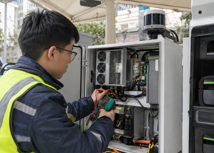 real unbranded automated electric-vehicle battery-swap station engineering bay with a physical embedded carrier board cabinet, LiDAR sensors and robotic handling equipment validation scene 2