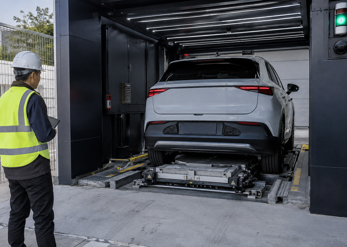 real unbranded automated electric-vehicle battery-swap station engineering bay with a physical embedded carrier board cabinet, LiDAR sensors and robotic handling equipment validation scene 3