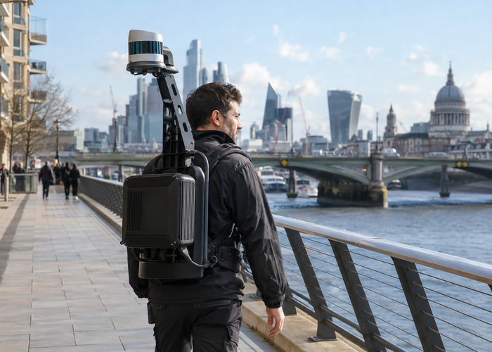 real surveyor wearing a mobile mapping backpack with a visible unbranded physical LiDAR scanner and rugged edge-compute enclosure in a realistic LiDAR application scene