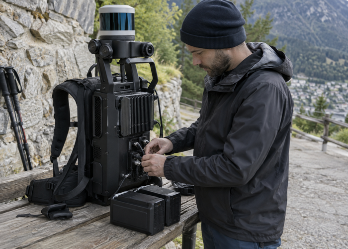 real surveyor wearing a mobile mapping backpack with a visible unbranded physical LiDAR scanner and rugged edge-compute enclosure validation scene 2