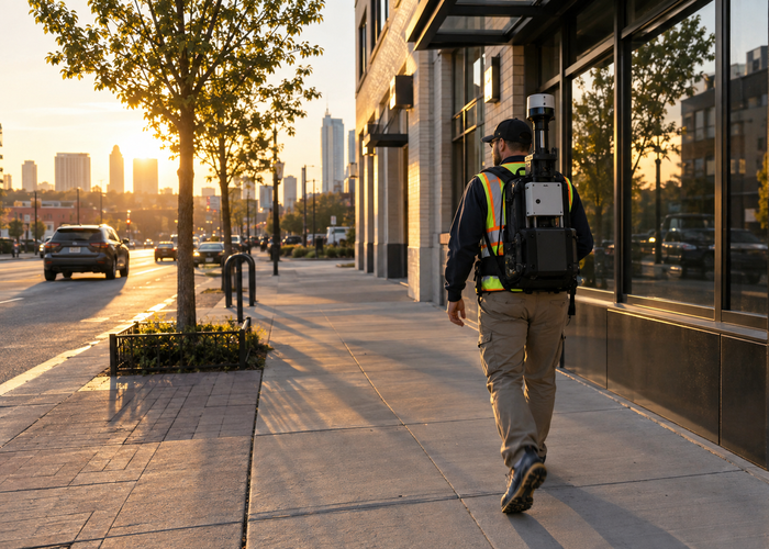 real surveyor wearing a mobile mapping backpack with a visible unbranded physical LiDAR scanner and rugged edge-compute enclosure validation scene 3
