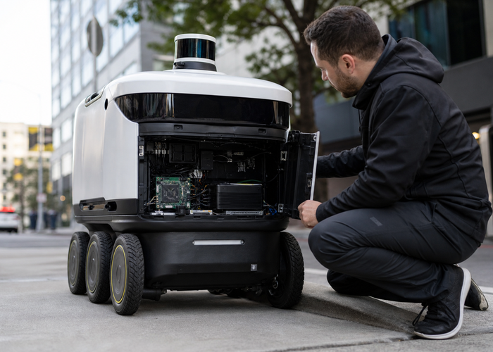 rugged Jetson carrier board and LiDAR computer installed inside an outdoor delivery robot in a realistic LiDAR application scene