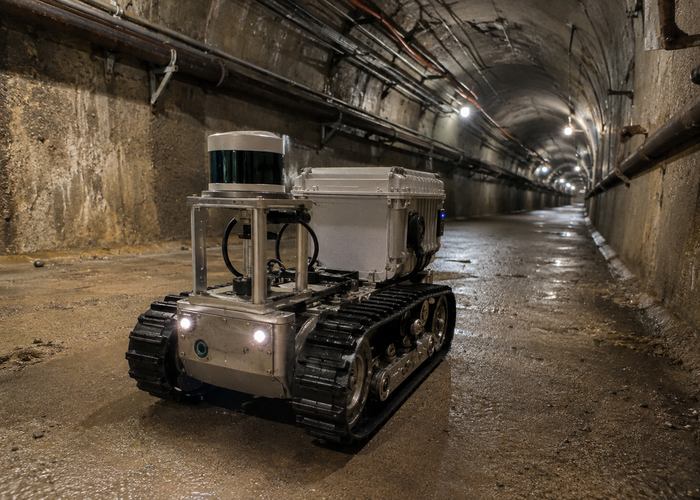 tracked tunnel-inspection robot with physical LiDAR and a sealed Jetson edge computer in a realistic LiDAR application scene