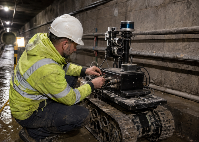 tracked tunnel-inspection robot with physical LiDAR and a sealed Jetson edge computer validation scene 2