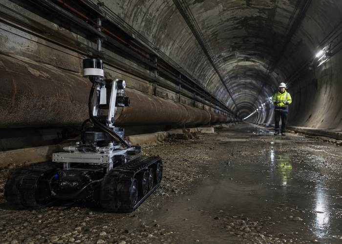 tracked tunnel-inspection robot with physical LiDAR and a sealed Jetson edge computer validation scene 3