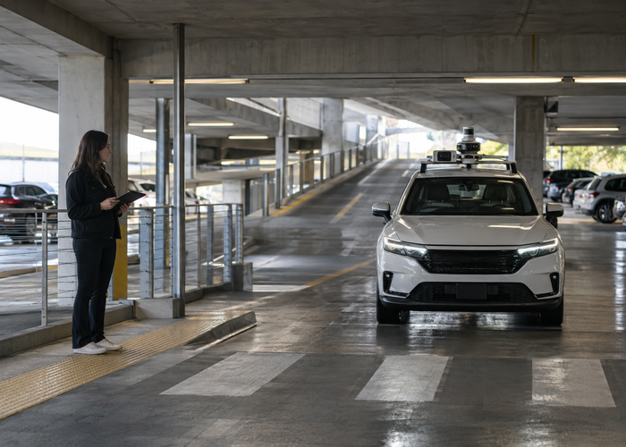 unbranded automated passenger car with physical parking LiDAR sensors moving slowly through a real multilevel parking garage with ramps, wheel stops and a safely separated pedestrian handover area in a realistic LiDAR application scene