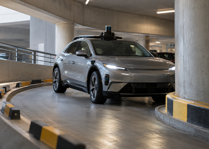 unbranded automated passenger car with physical parking LiDAR sensors moving slowly through a real multilevel parking garage with ramps, wheel stops and a safely separated pedestrian handover area validation scene 3
