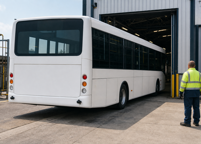 city bus using physical LiDAR parking sensors while approaching a maintenance bay in a realistic LiDAR application scene