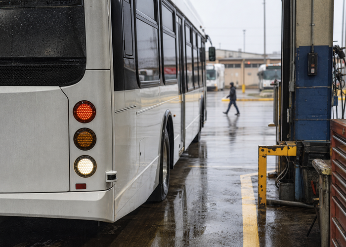 city bus using physical LiDAR parking sensors while approaching a maintenance bay validation scene 2