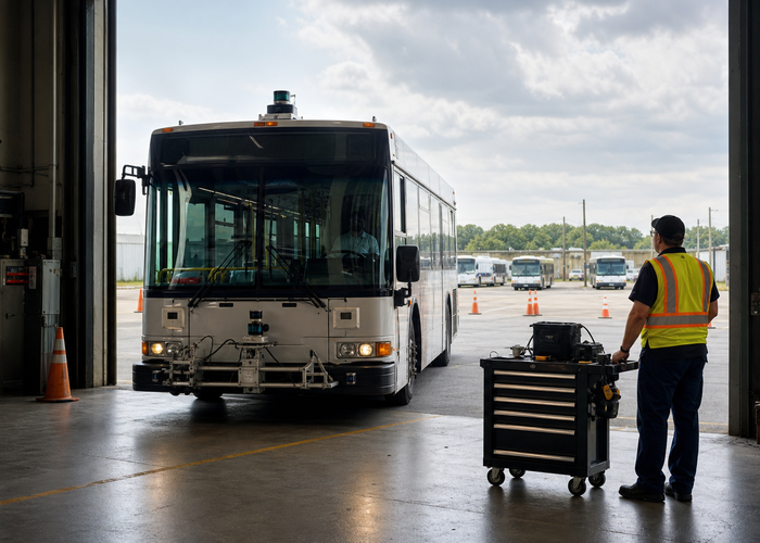 city bus using physical LiDAR parking sensors while approaching a maintenance bay validation scene 3