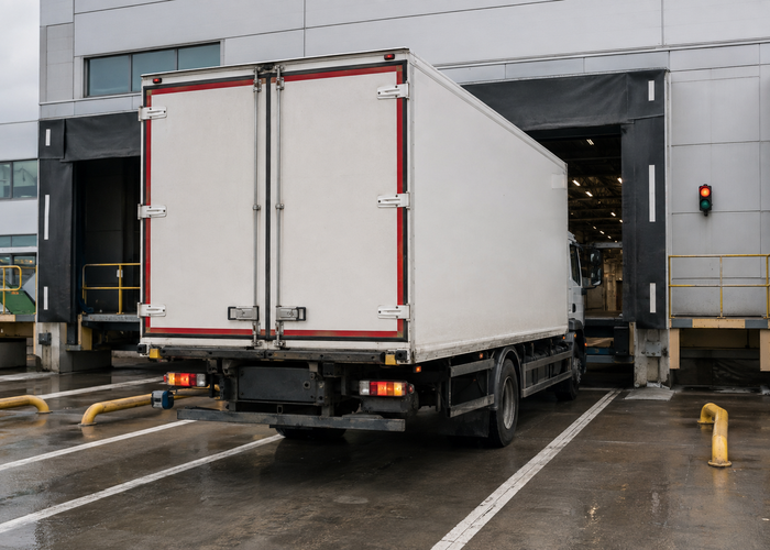 delivery truck using physical LiDAR parking sensors while reversing toward a realistic loading dock in a realistic LiDAR application scene