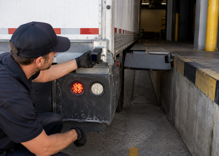 delivery truck using physical LiDAR parking sensors while reversing toward a realistic loading dock validation scene 2