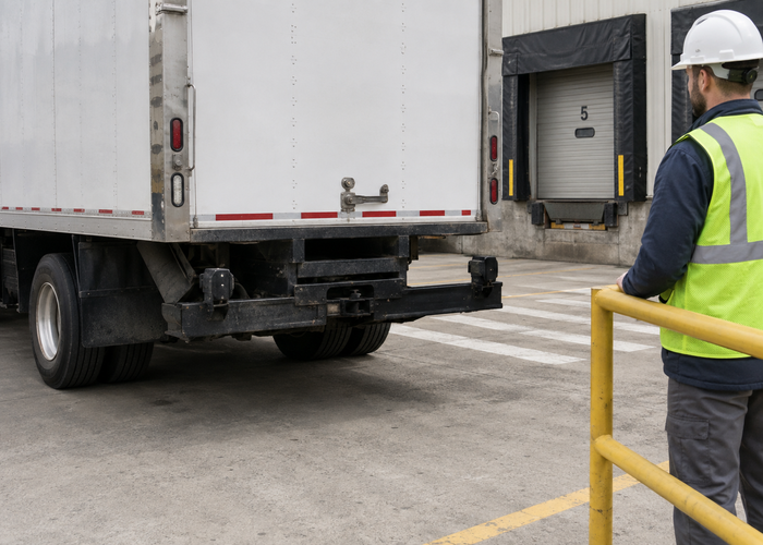 delivery truck using physical LiDAR parking sensors while reversing toward a realistic loading dock validation scene 3