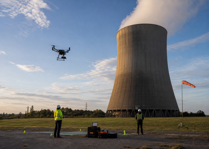 inspection drone using physical LiDAR beside a large industrial cooling tower validation scene 3