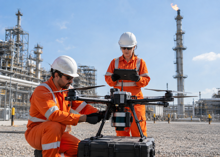 real industrial flare stack inspection with an unbranded multirotor drone carrying visible physical LiDAR at a safe stand-off distance validation scene 2