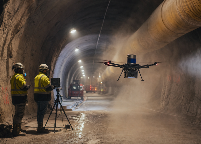 inspection drone using LiDAR to hold position inside a real road tunnel validation scene 3
