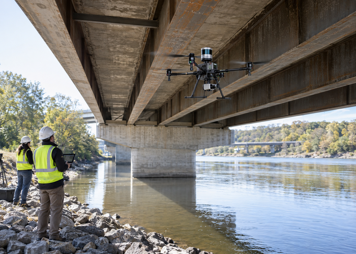 unbranded inspection drone with physical LiDAR holding position beneath a real bridge deck between steel girders above water while observers remain safely ashore in a realistic LiDAR application scene