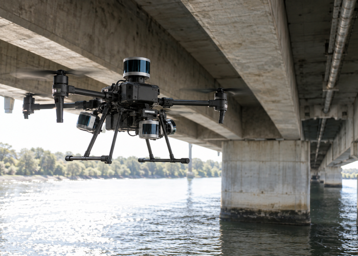 unbranded inspection drone with physical LiDAR holding position beneath a real bridge deck between steel girders above water while observers remain safely ashore validation scene 2