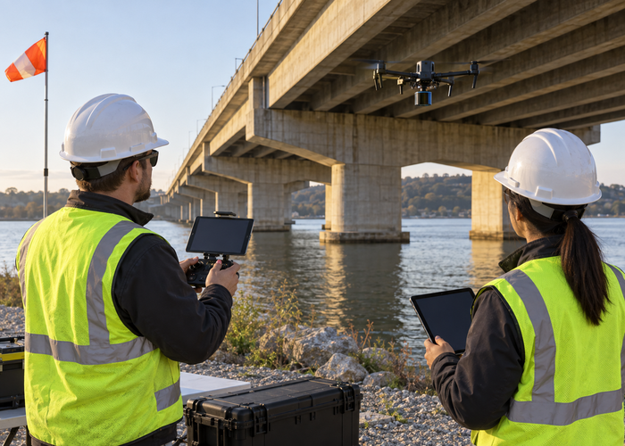 unbranded inspection drone with physical LiDAR holding position beneath a real bridge deck between steel girders above water while observers remain safely ashore validation scene 3