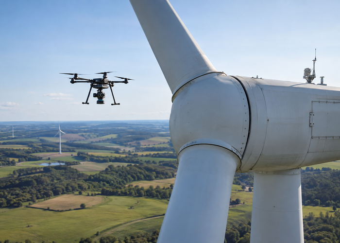 real unbranded inspection drone with a physical LiDAR sensor holding position beside a wind-turbine nacelle and blade root in natural daylight in a realistic LiDAR application scene