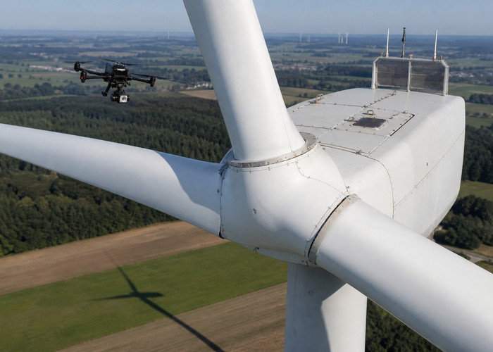 real unbranded inspection drone with a physical LiDAR sensor holding position beside a wind-turbine nacelle and blade root in natural daylight validation scene 2