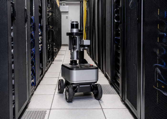 autonomous inspection robot with physical LiDAR navigating a realistic data center aisle in a realistic LiDAR application scene