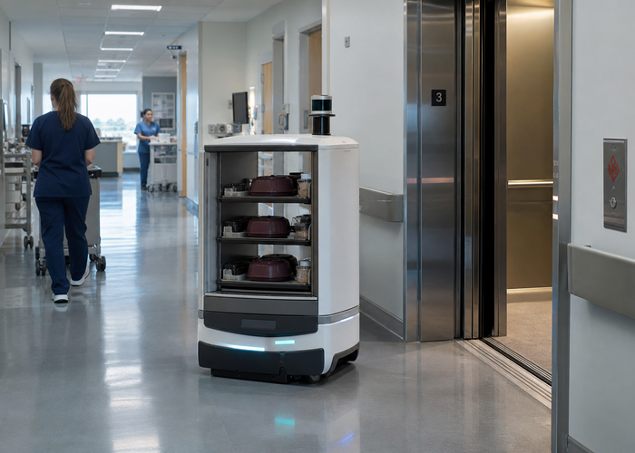 real unbranded autonomous hospital meal-delivery cart with a physical LiDAR sensor carrying covered trays through a bright hospital service corridor near an elevator with staff safely separated in a realistic LiDAR application scene