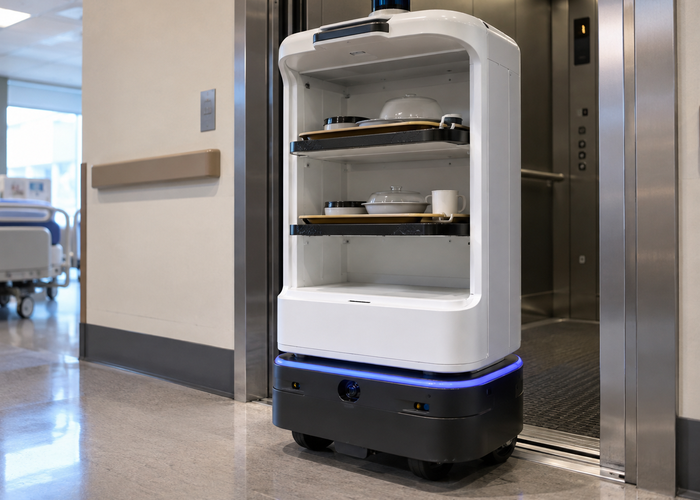 real unbranded autonomous hospital meal-delivery cart with a physical LiDAR sensor carrying covered trays through a bright hospital service corridor near an elevator with staff safely separated validation scene 2