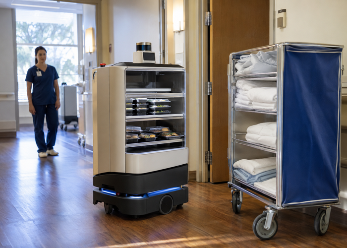 real unbranded autonomous hospital meal-delivery cart with a physical LiDAR sensor carrying covered trays through a bright hospital service corridor near an elevator with staff safely separated validation scene 3