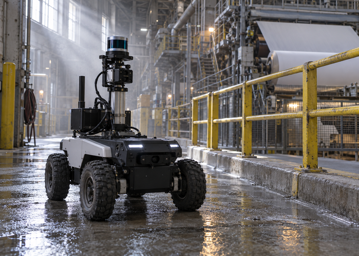 rugged mobile inspection robot with a physical roof-mounted LiDAR sensor traveling on a guarded paper-mill walkway beside large paper rolls and steam pipes validation scene 2