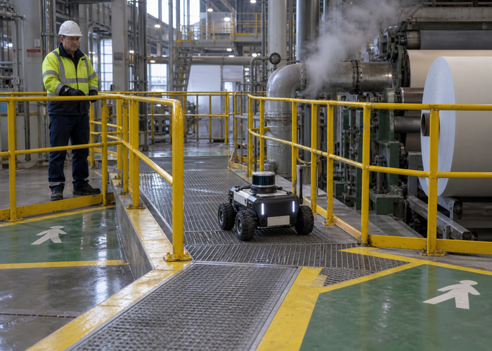 rugged mobile inspection robot with a physical roof-mounted LiDAR sensor traveling on a guarded paper-mill walkway beside large paper rolls and steam pipes validation scene 3