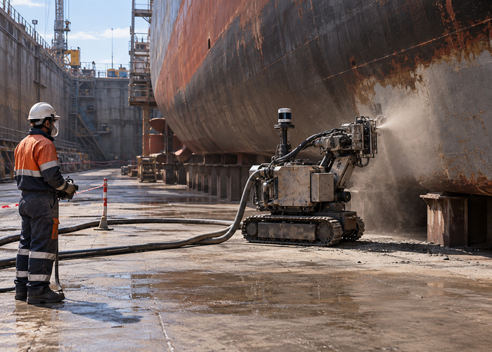 real shipyard dry dock with an unbranded tracked hull blasting robot carrying physical LiDAR beside a steel ship hull in a realistic LiDAR application scene