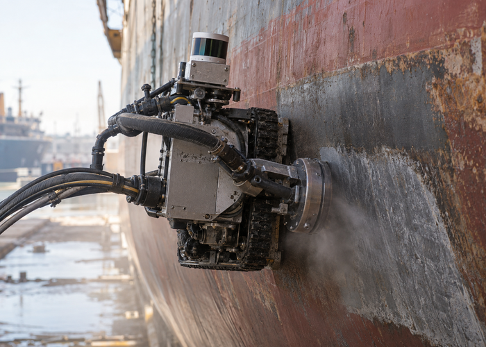 real shipyard dry dock with an unbranded tracked hull blasting robot carrying physical LiDAR beside a steel ship hull validation scene 2